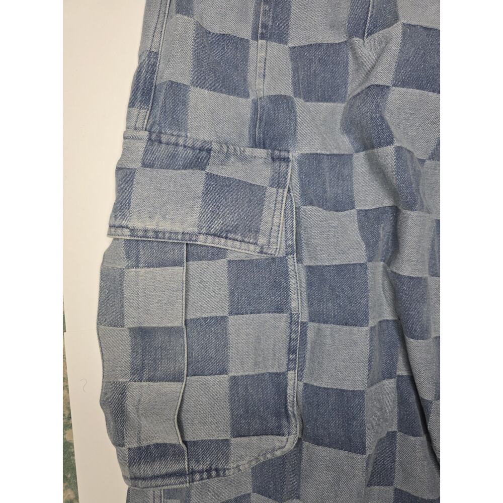 BiBi Wide Leg Jeans Womens Small Blue Light Wash High Rise Checkered Cargo Crop - Picture 6 of 13